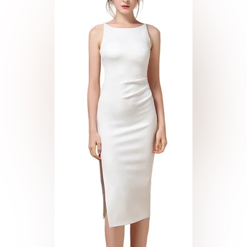 White formal high neck midi dress